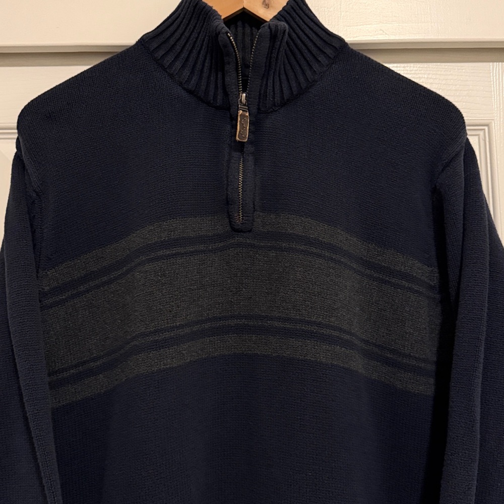 Classic Eddie Bauer 1/4 Zip Heavy Cotton Sweater, Large Tall, Navy/Gray